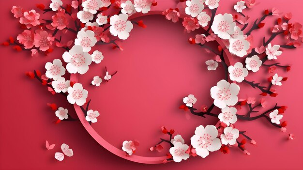 Cherry white flower blossoms with circle round red background