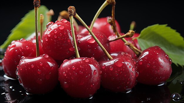 Photo cherry with drops on black background