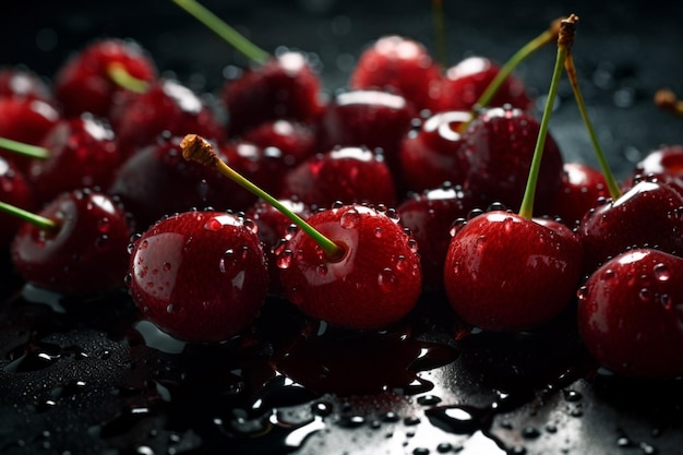 Cherry with drops of water on a dark background