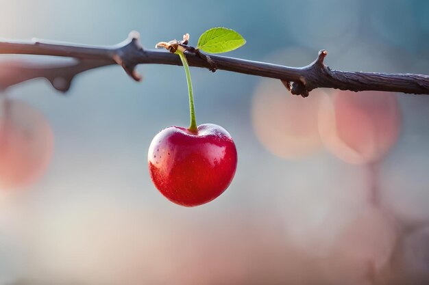 A cherry with a green leaf hanging from a branch