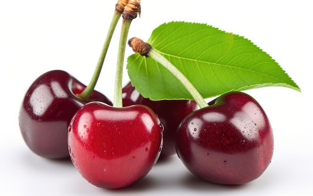 Cherry with leaf isolated on white background Generative AI