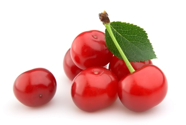 Cherry with leaf isolated on white