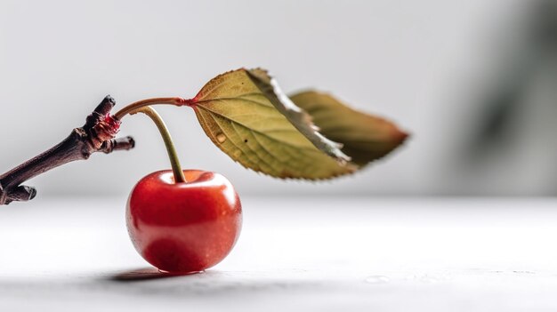 A cherry with a leaf on it