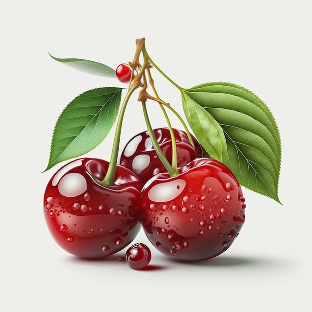 Cherry with leaves isolated on white background