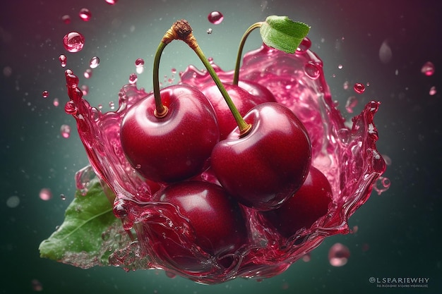 Cherry with leaves in water with drops and splashes on a dark background