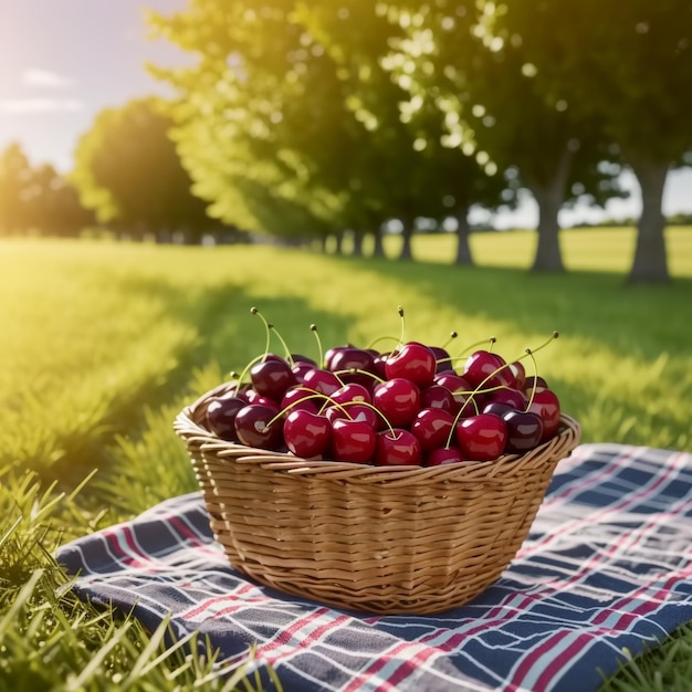 Cherry in wooden basket Generative AI