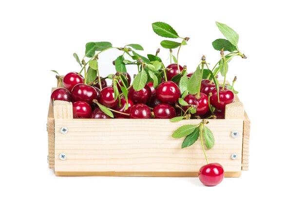 Cherry in wooden box isolated on white background