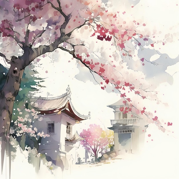 Cherryblossom aquarel digitaal schilderen