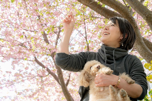 桜を見る犬と若い日本人女性