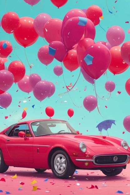 A cherryred sports car zooms past a vibrant array of balloons streamers and confetti
