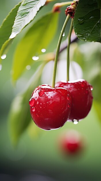 cherrys with green leaves on the bush