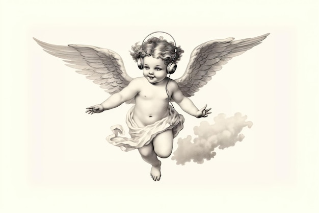 Photo cherubim wearing headphones drawing sketch flying