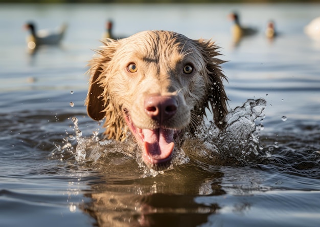 A Chesapeake Bay Retriever emerging from the water with a freshly retrieved duck in its mouth