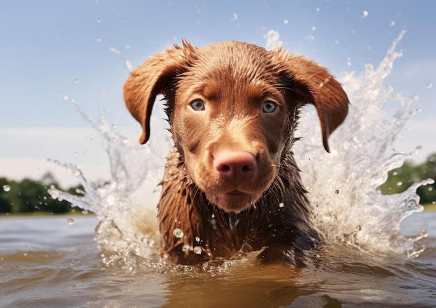 A Chesapeake Bay Retriever shaking off water droplets after emerging from a swim