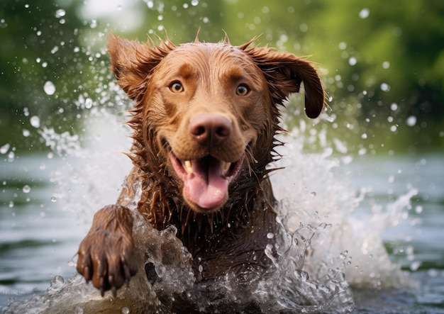 A Chesapeake Bay Retriever shaking off water droplets after emerging from a swim