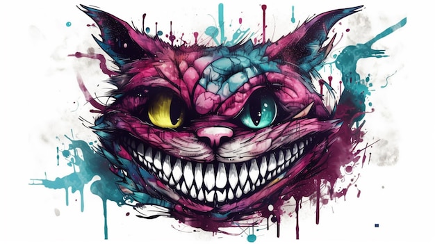 A cheshire cat with a yellow eye and a purple and blue face.