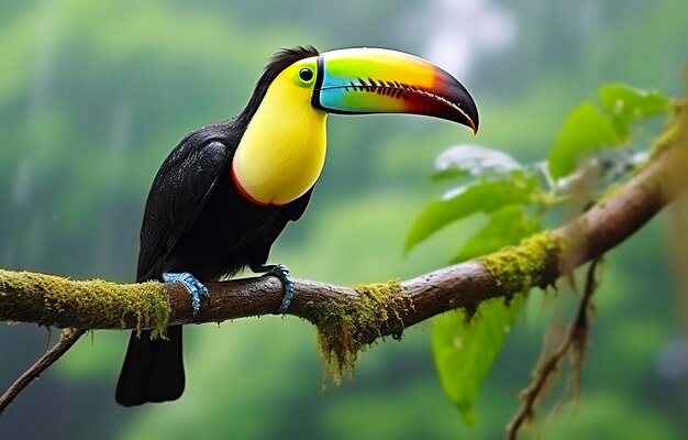 Chesnut mandibled toucan sitting on the branch in tropical rain with a green jungle generative ai