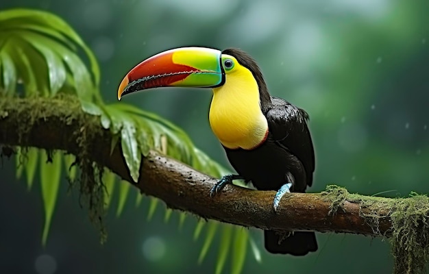 Chesnut mandibled Toucan sitting on the branch in tropical rain with a green jungle Generative AI