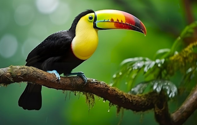 Chesnut mandibled Toucan sitting on the branch in tropical rain with a green jungle Generative AI