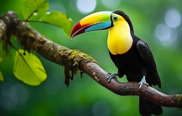 Chesnut mandibled toucan sitting on the branch in tropical rain with a green jungle generative ai