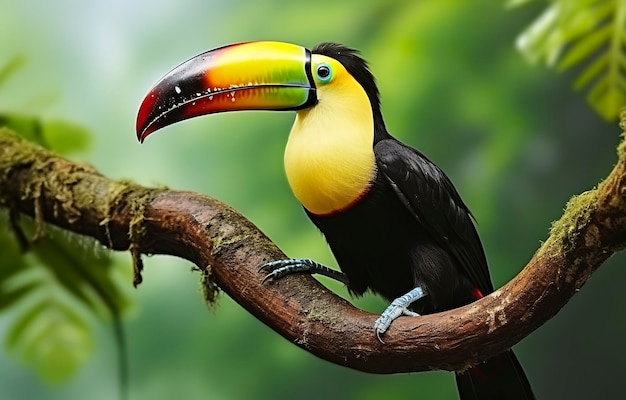 Chesnut mandibled Toucan zit op de tak in tropische regen met een groene jungle Generatieve AI