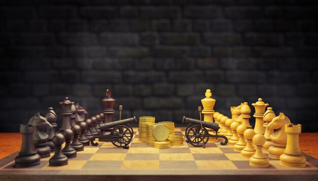 Фото Шахматы и пушка смотрят друг на друга на шахматной доске, между ними золотая монета, в воздухе витает дым на фоне темного кирпича. концепция деловых баталий. 3d визуализация иллюстрации.