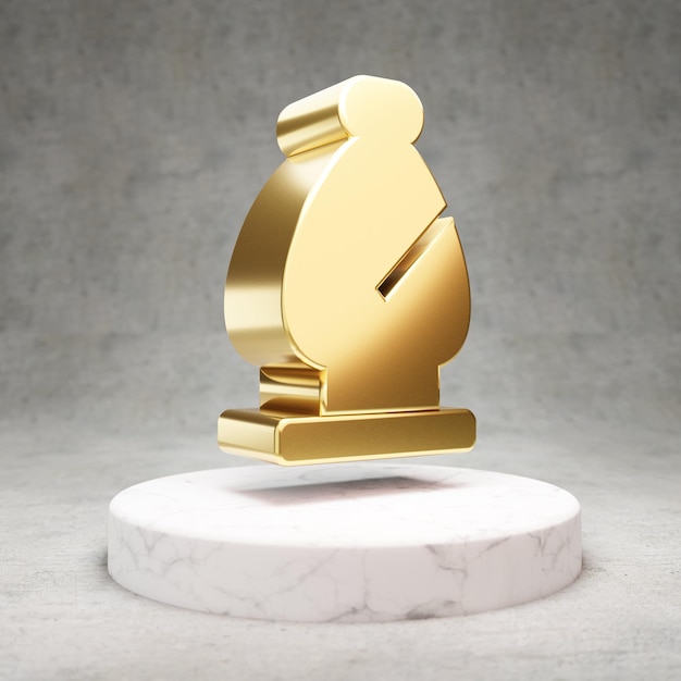 Chess Bishop icon. Gold glossy Chess Bishop symbol on white marble podium. Modern icon for website, social media, presentation, design template element. 3D render.