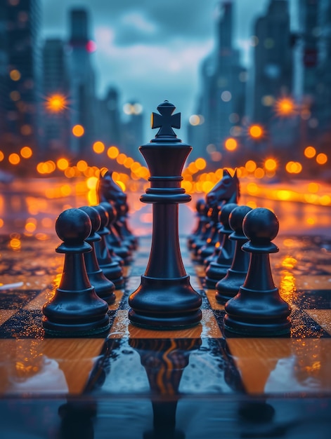 Chess board on carpet containing chess pieces An image of a chess board displaying a black king highlighting the strategic nature of the game