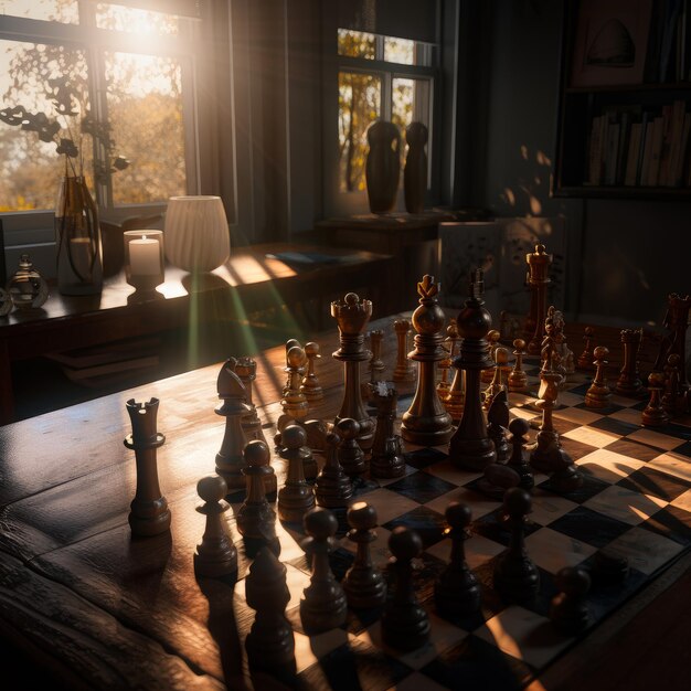 Chess board and chess pieces on table in cozy room with window and vase