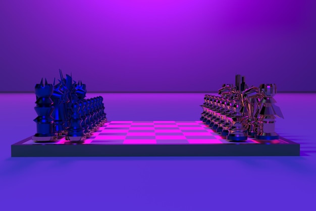 chess board standing neon background