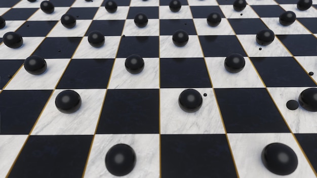 A chess board with black balls on it