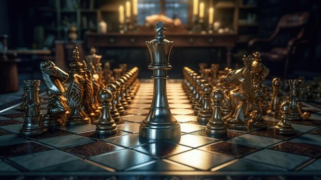 A chess board with a chess piece in the middle and a large king standing on it.