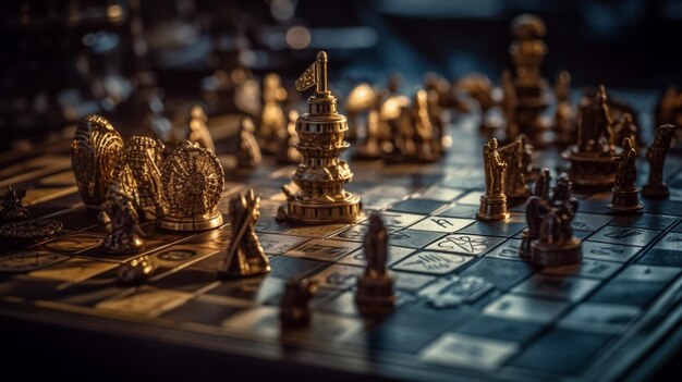 A chess board with a chess set and a flag on it