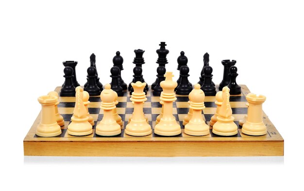 Premium Photo  Wooden chessboard with figures in light and dark brown  tones isolate on a white background