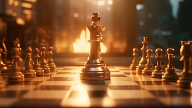 A chess board with a fire in the background