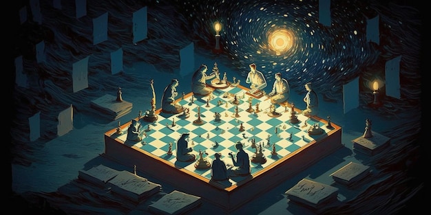 A chess board with a light shining on it