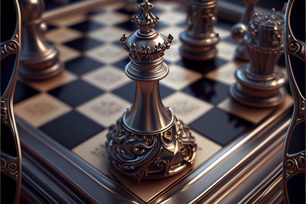 Chess board with pawns and king game for strategy and business vision AI