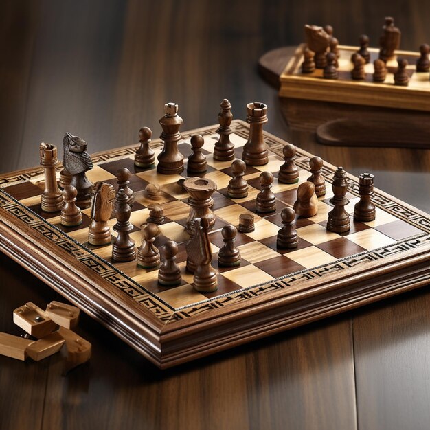 Chess board with pieces of wood on it and a wooden box generative ai