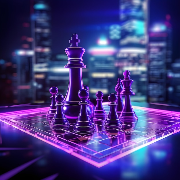 A chess board with a purple glow in the background.