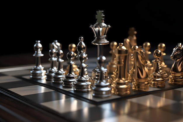 A chess board with a silver and gold chess piece on it.