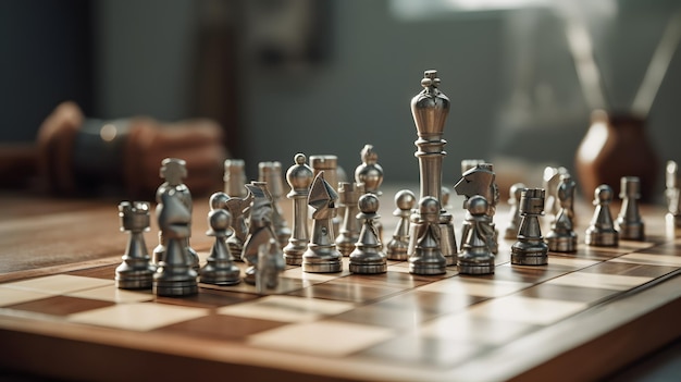 Шахматная доска с серебряной фигурой и серебряной фигурой со словом "шахматы" на ней.
