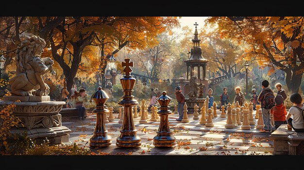 a chess board with a statue in the background and a statue in the background