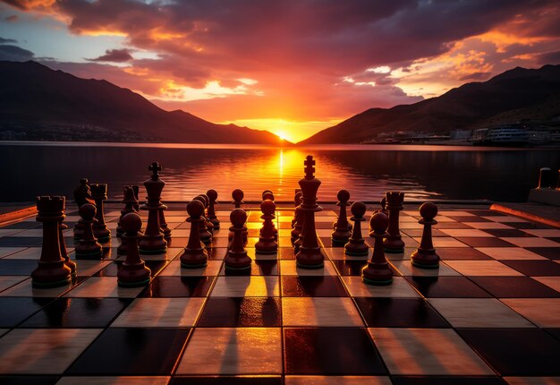 Chess board with sunset in the background