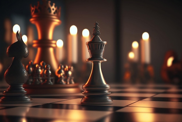 Chess figures in dark magical room with candle light on background