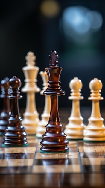 Chess figures on a wooden tables side view epitomize business strategy Vertical Mobile Wallpaper