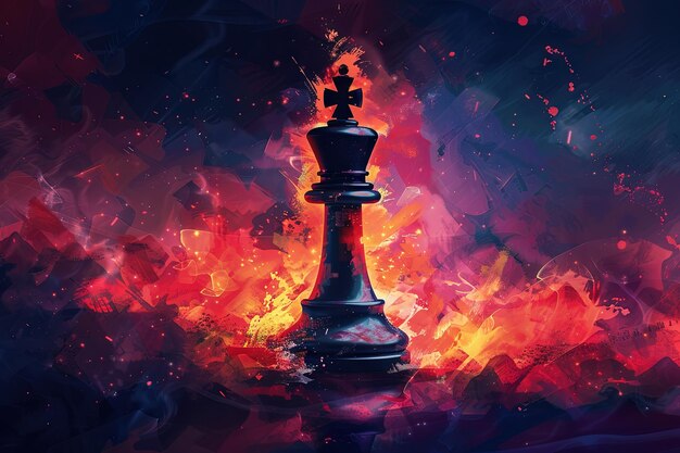 체스 게임 추상화: 만화 모양의 여왕이 강력한 공격을 수행하여 이 왕실 조각의 다재다능함과 지배력을 보여줍니다.