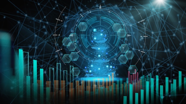 Gioco di scacchi sulla scacchiera dietro gli indicatori del grafico forex o il grafico del mercato azionario in uno sfondo astratto
