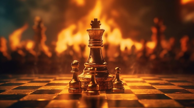 A chess game with a burning fire in the background.