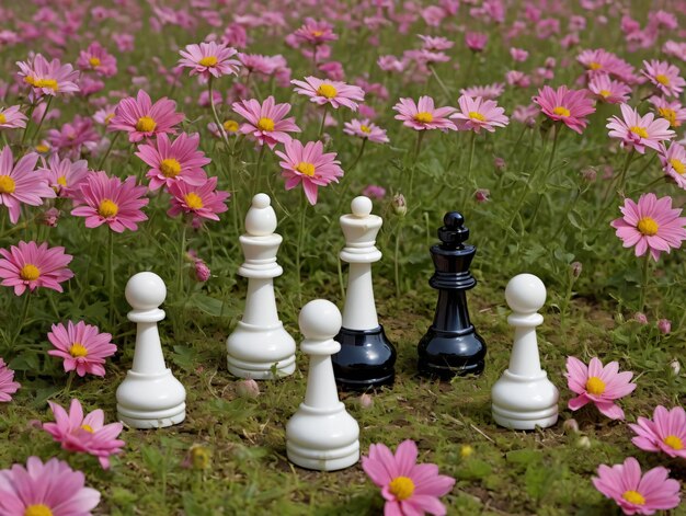 Шахматная игра с цветами на заднем плане