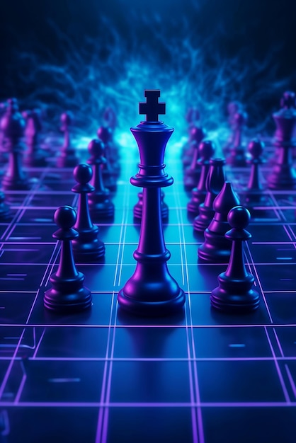 A chess game with a king on it and a purple glow.